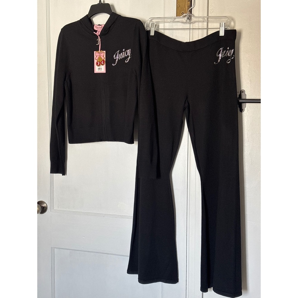 Juicy Couture Black Knit Tracksuit Set Rhinestone Logo Hoodie Flare Pants XL NEW